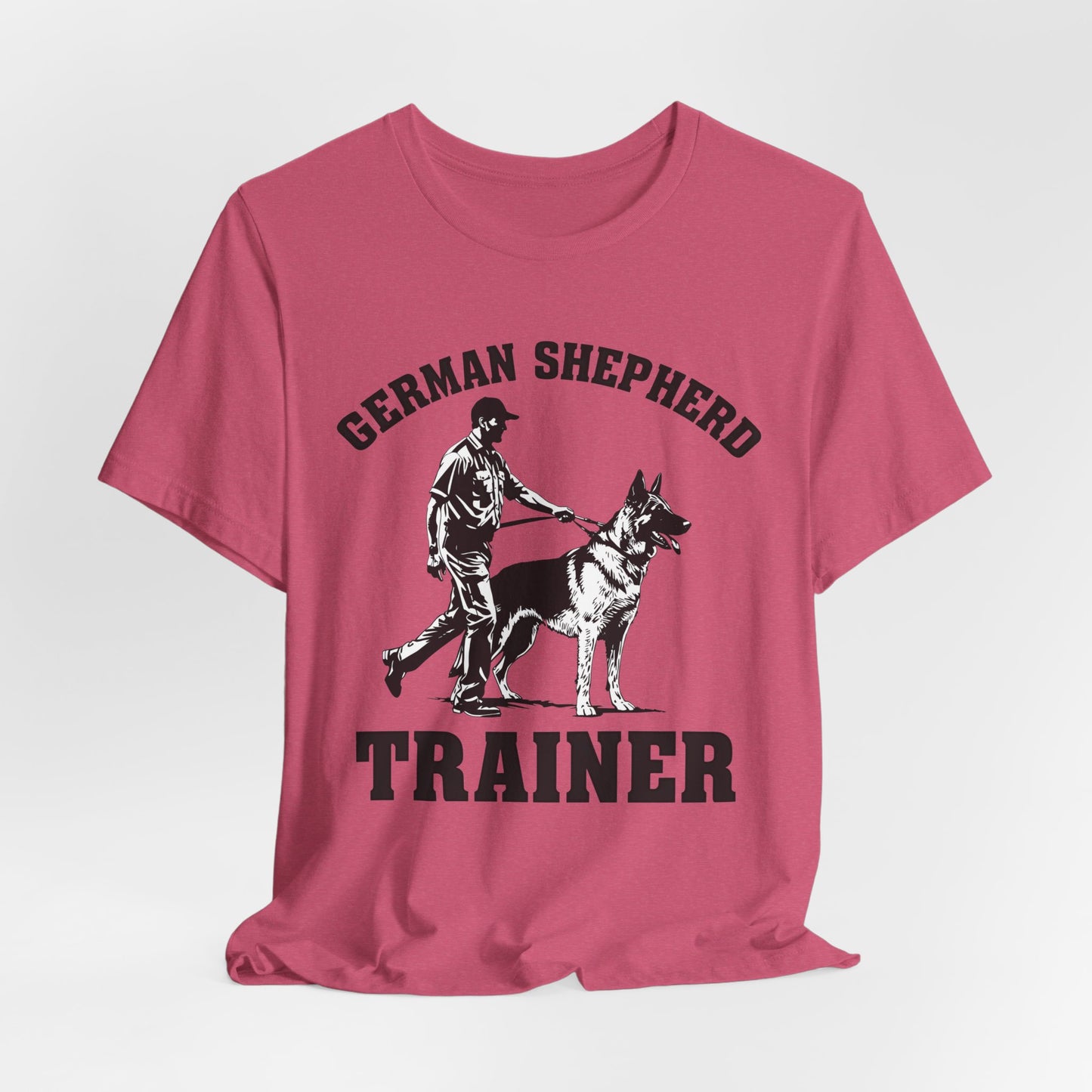German Shepherd Trainer Tee - Black and White Design of Man Holding a German Shepherd