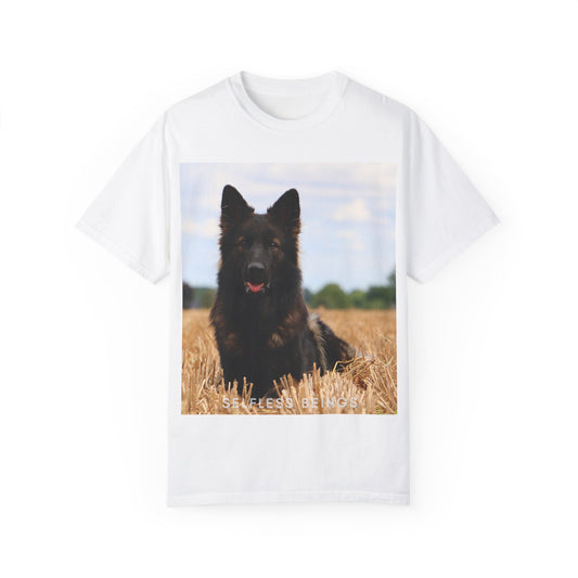 Unisex Dog Lover T-Shirt With Beautiful German Shepherd Sitting Over a Stover and Caption Selfless Beings