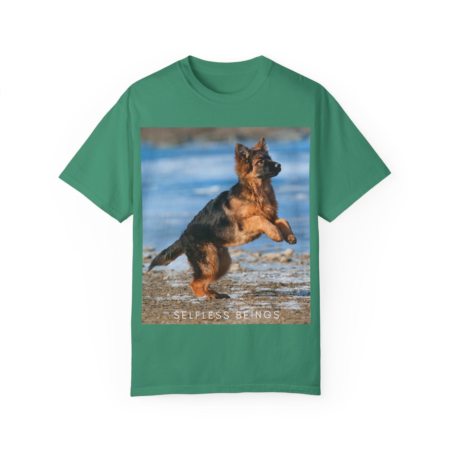 Unisex Dog Lover T-Shirt With Gorgeous German Shepherd Puppy Standing on Back Legs at Seashore and Caption Selfless Beings