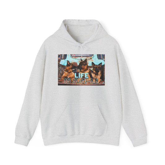 Unisex Dog Lover Hoodie With Three German Shepherds Sitting on the Truck's Cargo Bed and Caption Life is Simple