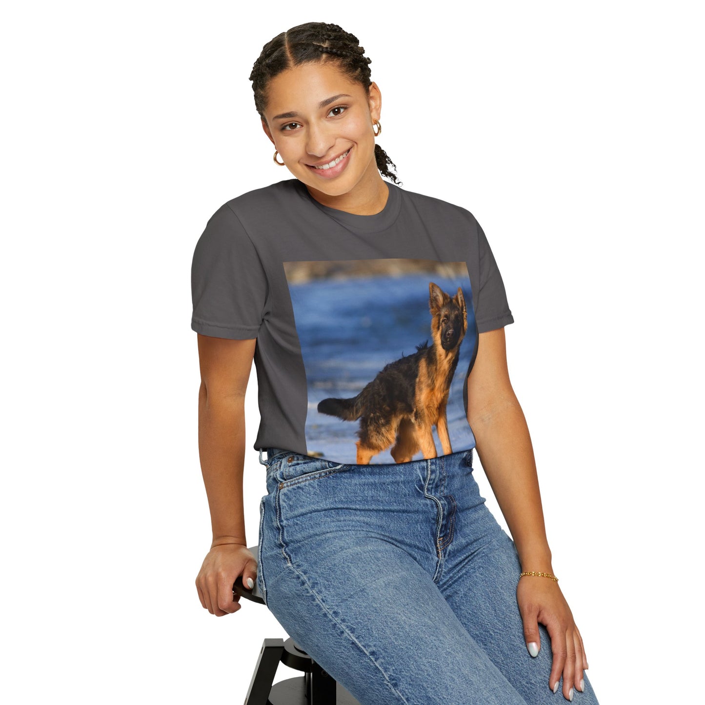 Unisex Dog Lover T-Shirt Featuring Beautiful German Shepherd Puppy Standing at the Sea Shore