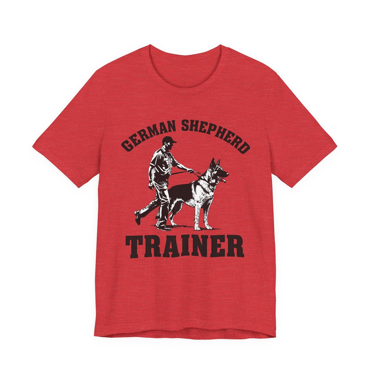 German Shepherd Trainer Tee - Black and White Design of Man Holding a German Shepherd