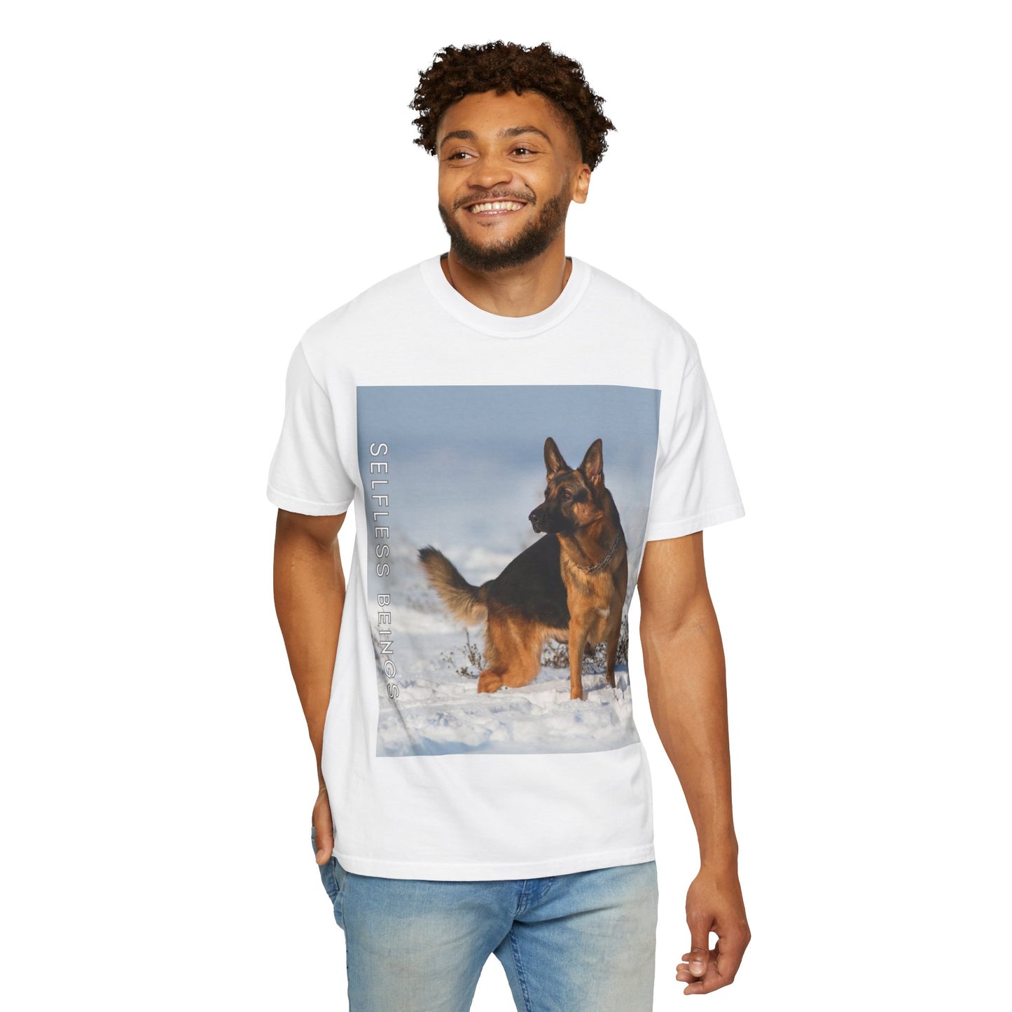 Unisex Dog Lover T-Shirt With a Beautiful German Shepherd Looking at Side Standing on the Snow and Caption Selfless Beings