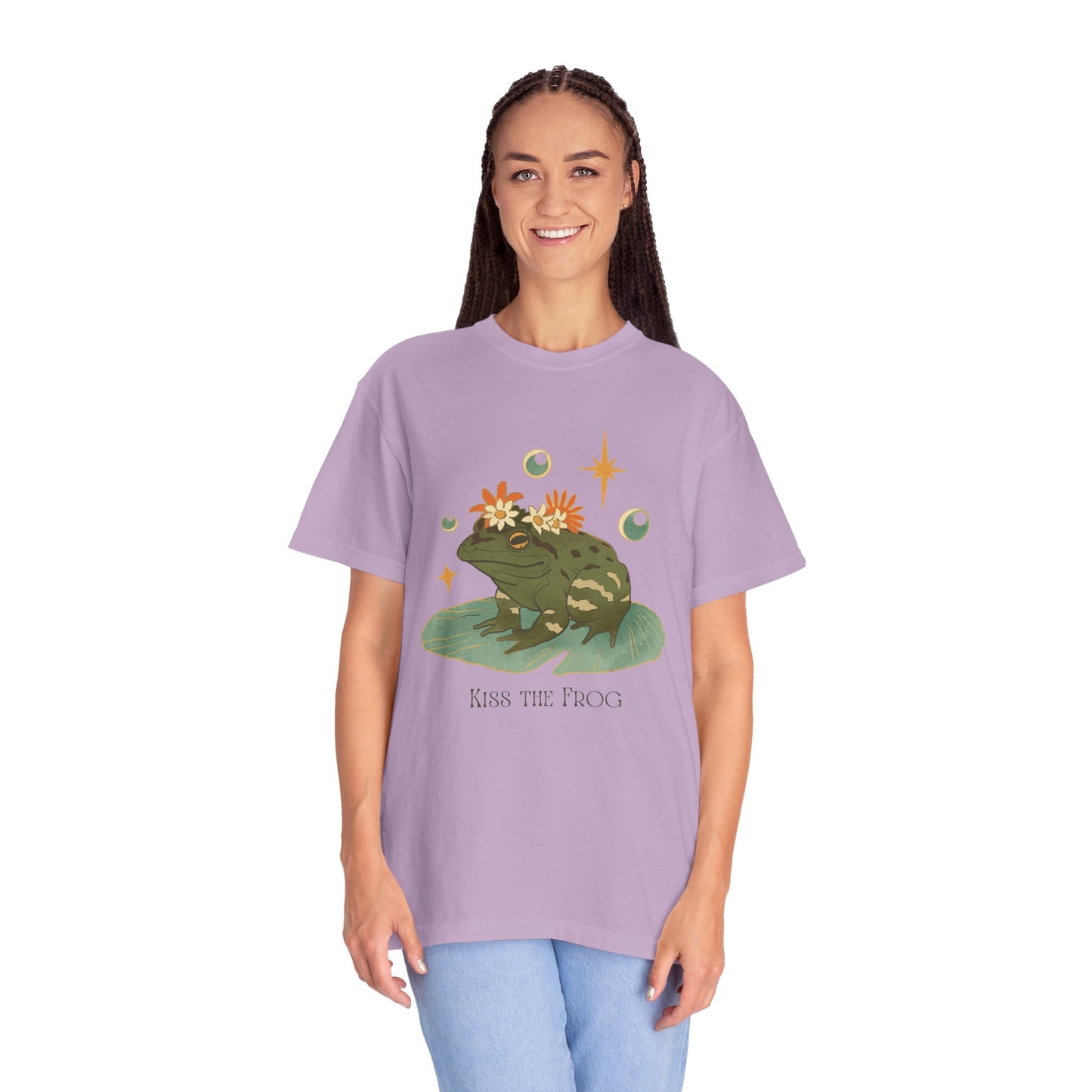 Kiss the Frog T-Shirt, Garment-Dyed Unisex Tee, Fun Gift for Nature Lovers, Cute Frog Graphic T-Shirt, Ideal for Casual Outings