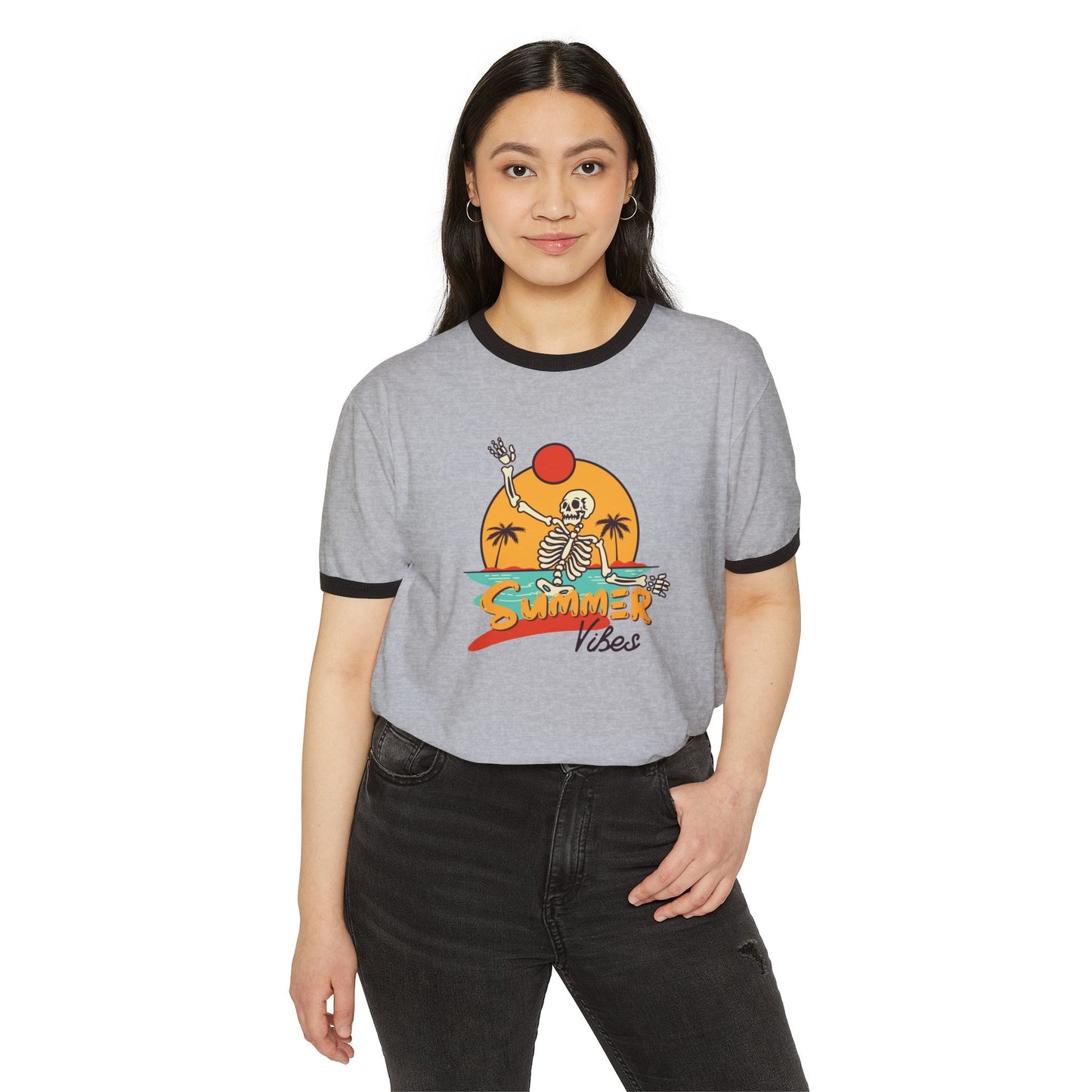 Retro Summer Ringer T-Shirt, Vintage Beach Tee, Skeleton Graphic Shirt, Unisex Casual Wear, Perfect for Summer Vibes