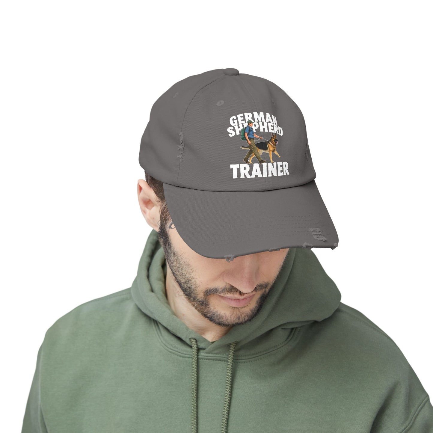 Unisex Distressed Cap Featuring a Trainer Leading German Shepherd, Dog Trainer Gift