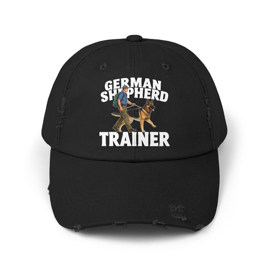 Unisex Distressed Cap Featuring a Trainer Leading German Shepherd, Dog Trainer Gift