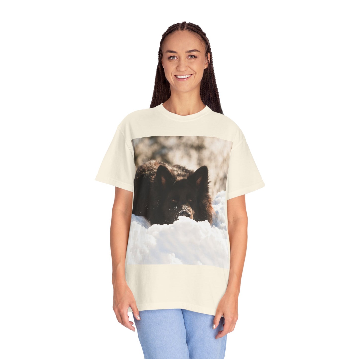 Unisex Dog Lover T-Shirt Featuring a Giant Black German Shepherd Resting on the Snow