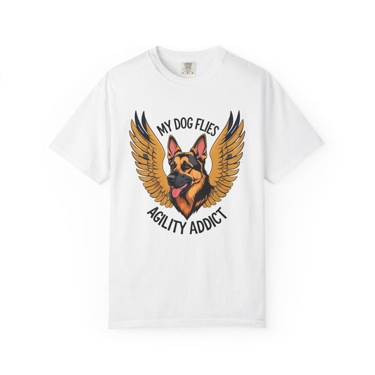 My Dog Flies, Agility Addict T-Shirt - German Shepherd With Wings, Unisex Tee for Pet Owners, Gift for Dog Lovers, Casual Wear, Dog Training Apparel, Animal Lover Shirt