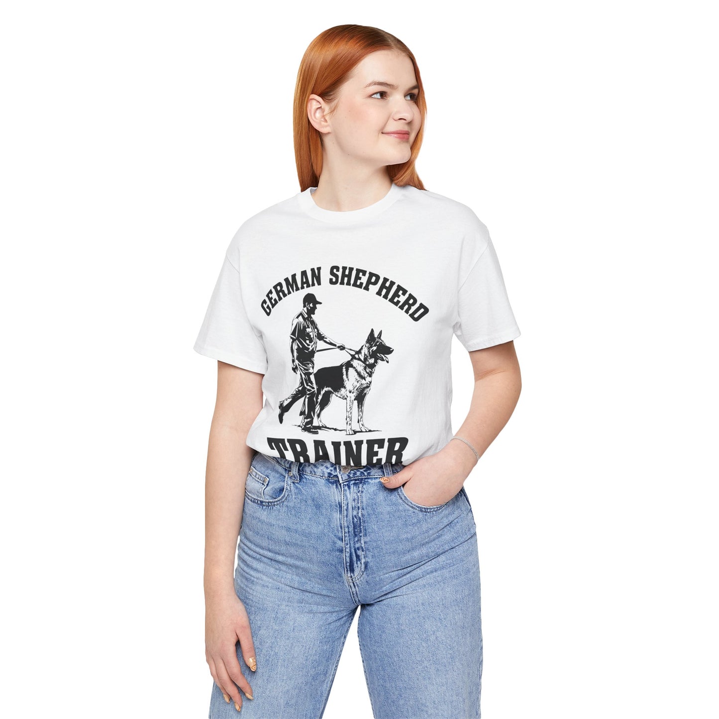 German Shepherd Trainer Tee - Black and White Design of Man Holding a German Shepherd