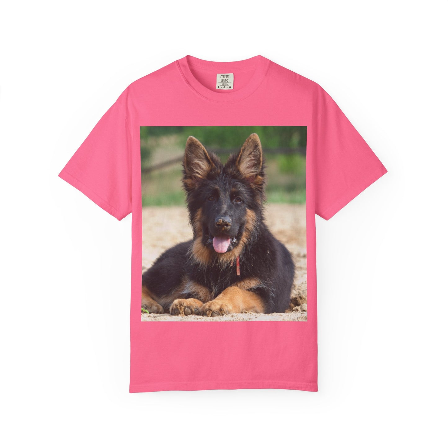 Unisex Dog Lover T-Shirt Featuring Photo of Stunning German Shepherd Puppy Resting on the Sand