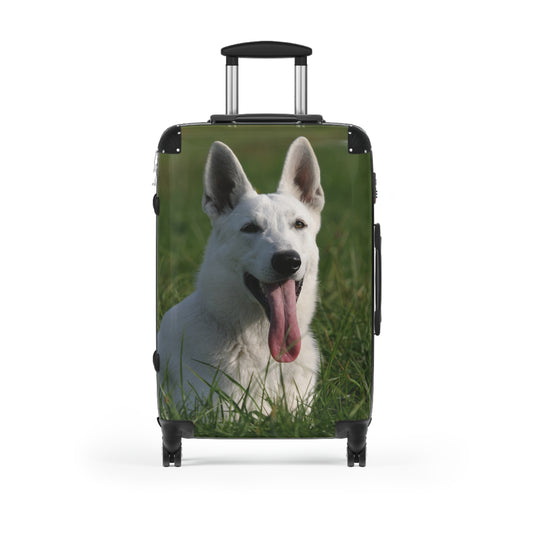 Dog Lovers Suitcase Featuring a White German Shepherd Resting On Grass Leaving Tongue Out