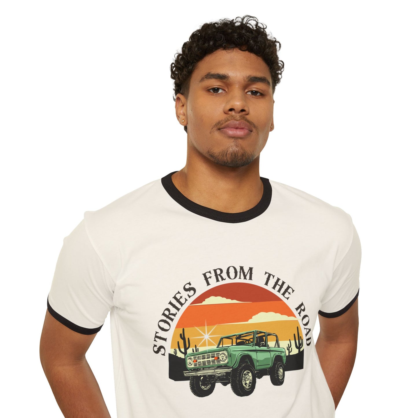 Vintage Stories from the Road Unisex Cotton Ringer T-Shirt, Retro Adventure Tee, Travel Lovers Gift, Road Trip Apparel, Casual