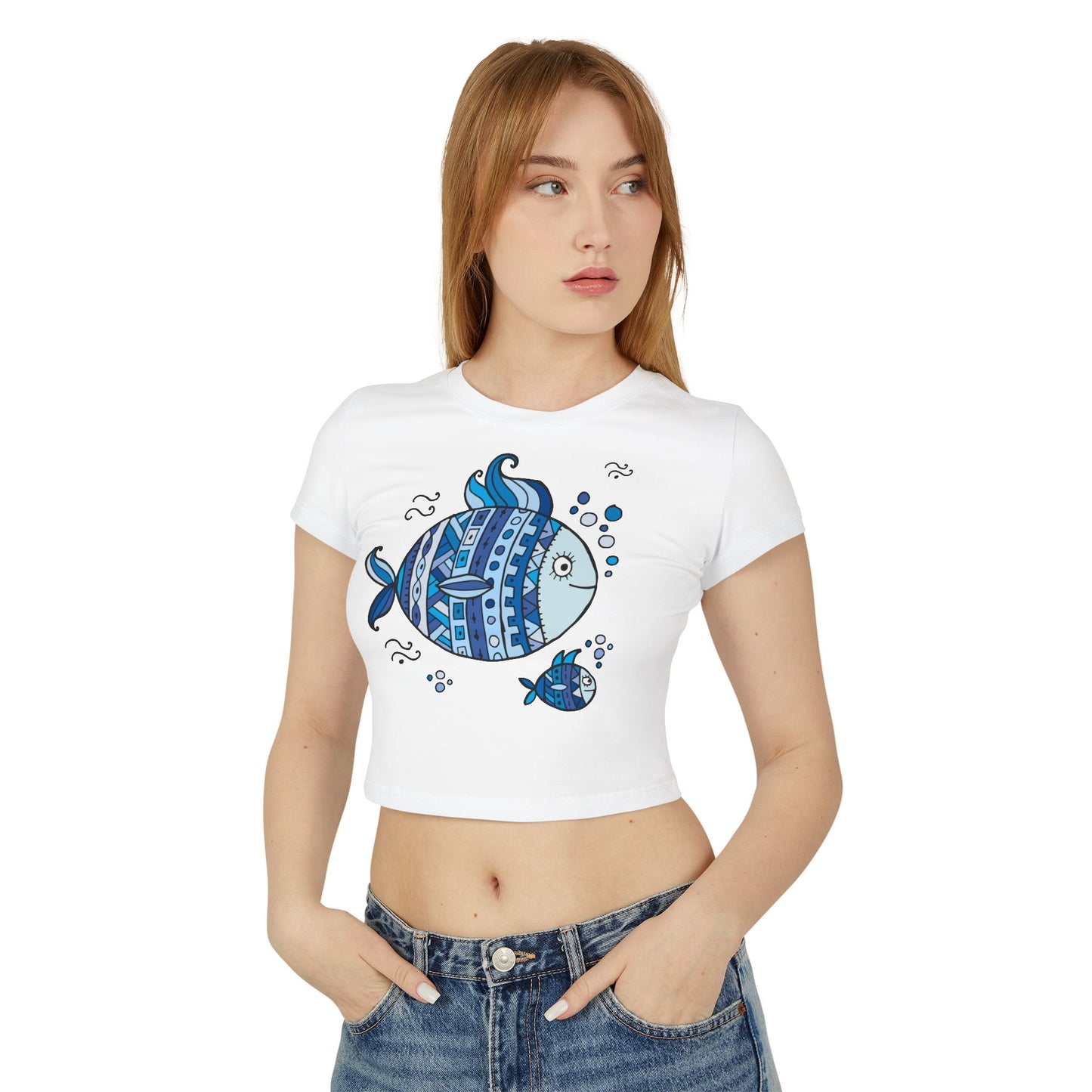 Boho Chic Women's Baby Tee with Blue Fish Design, Cute Summer Top, Fun Gift for Sea Lovers, Aquatic-themed Apparel, Beach Vibes