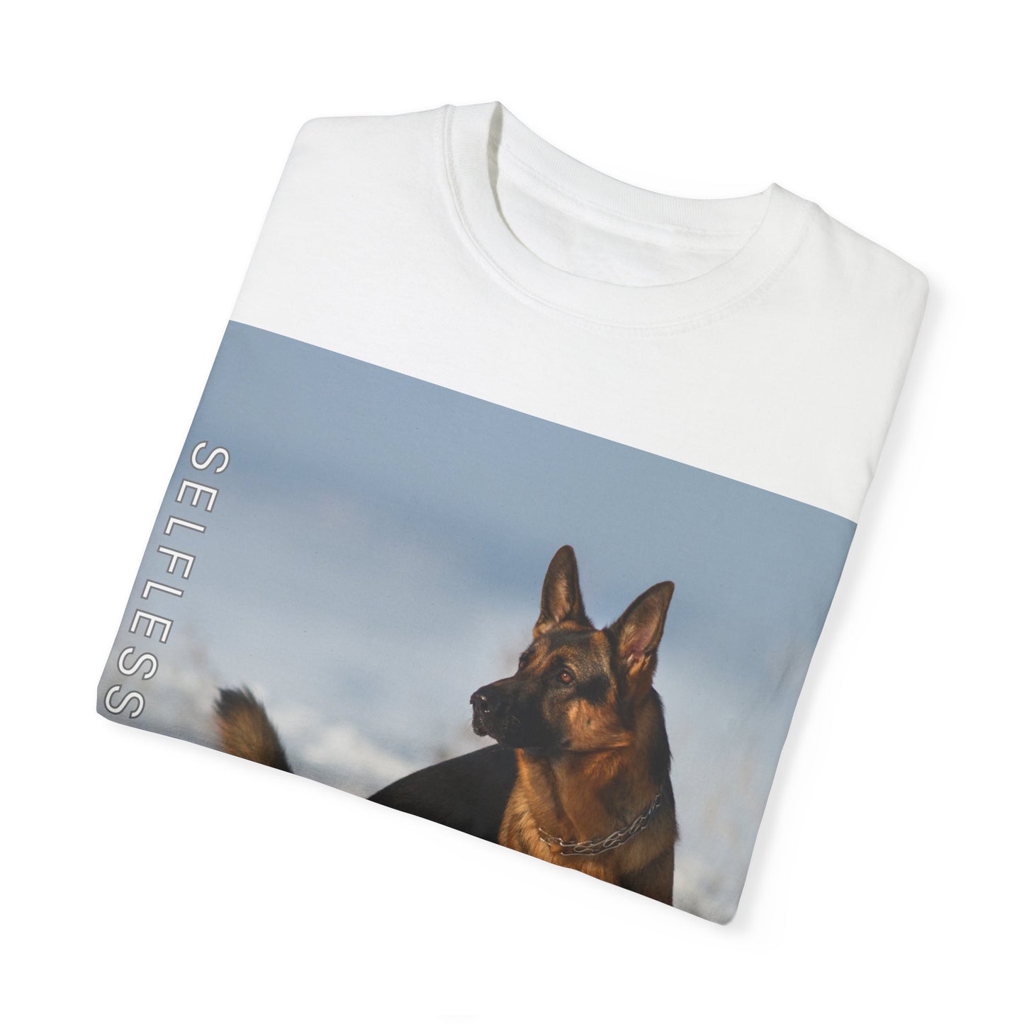 Unisex Dog Lover T-Shirt With a Beautiful German Shepherd Looking at Side Standing on the Snow and Caption Selfless Beings