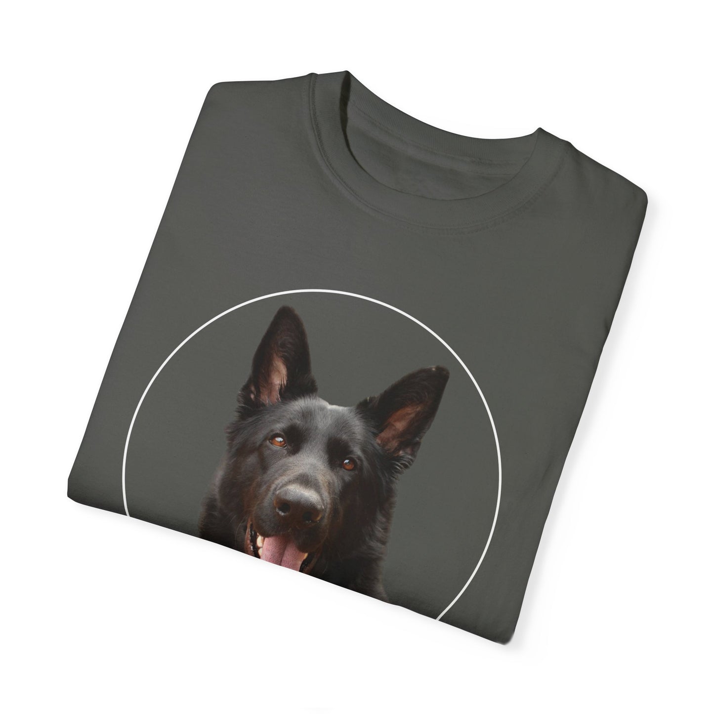 Unisex Dog Lover T-Shirt With Black German Shepherd Leaving Tongue Out and Caption Life is Better With A Dog