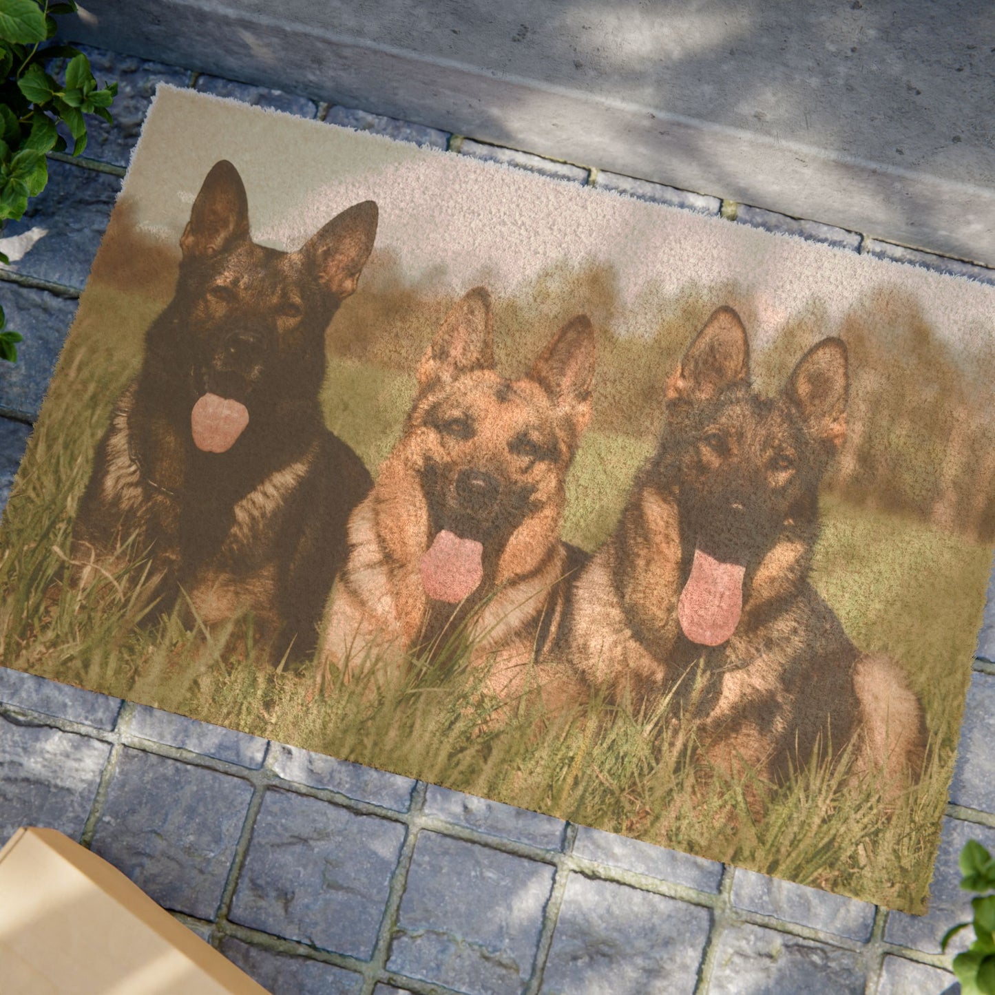 Dog Lovers Doormat Featuring Three Giant Working Line German Shepherd Sitting in a Row