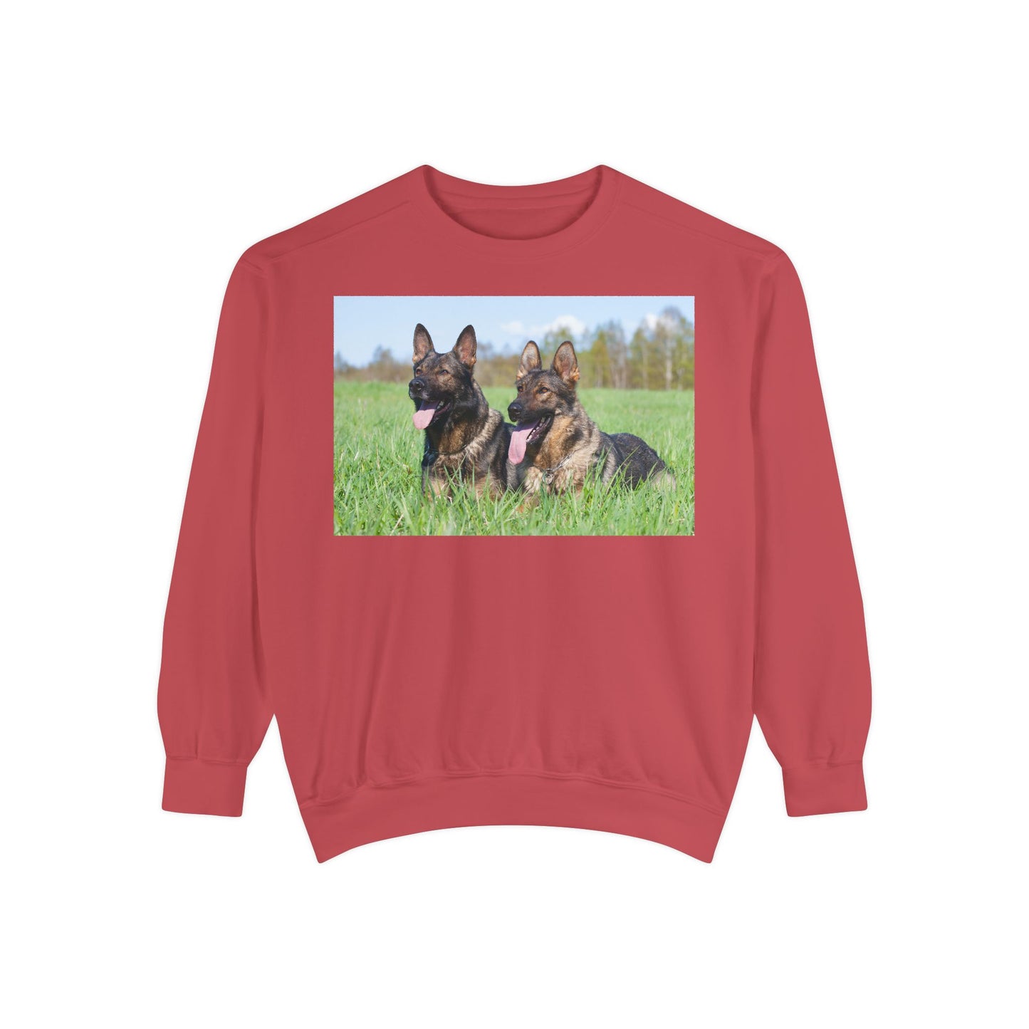 Unisex Dog Lover Sweatshirt With Two Giant German Shepherds Lying on the Grass With Tongues Out