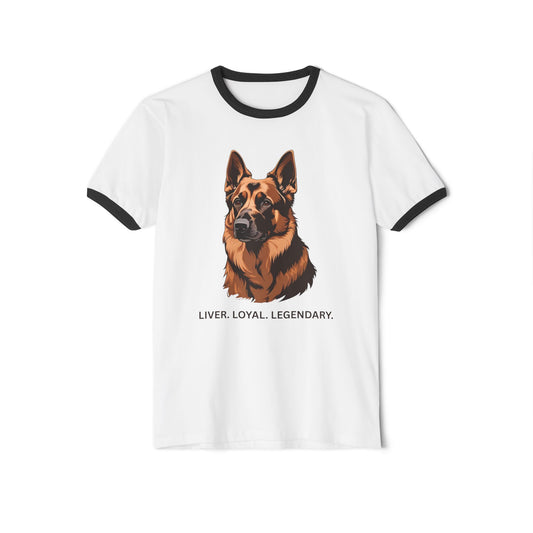 Liver German Shepherd Ringer Tee - Liver Loyal Legendary, Unisex Cotton T-Shirt for Dog Lovers, Pet Owner Gift, Casual Wear, Birthday Present, Animal Enthusiast Apparel