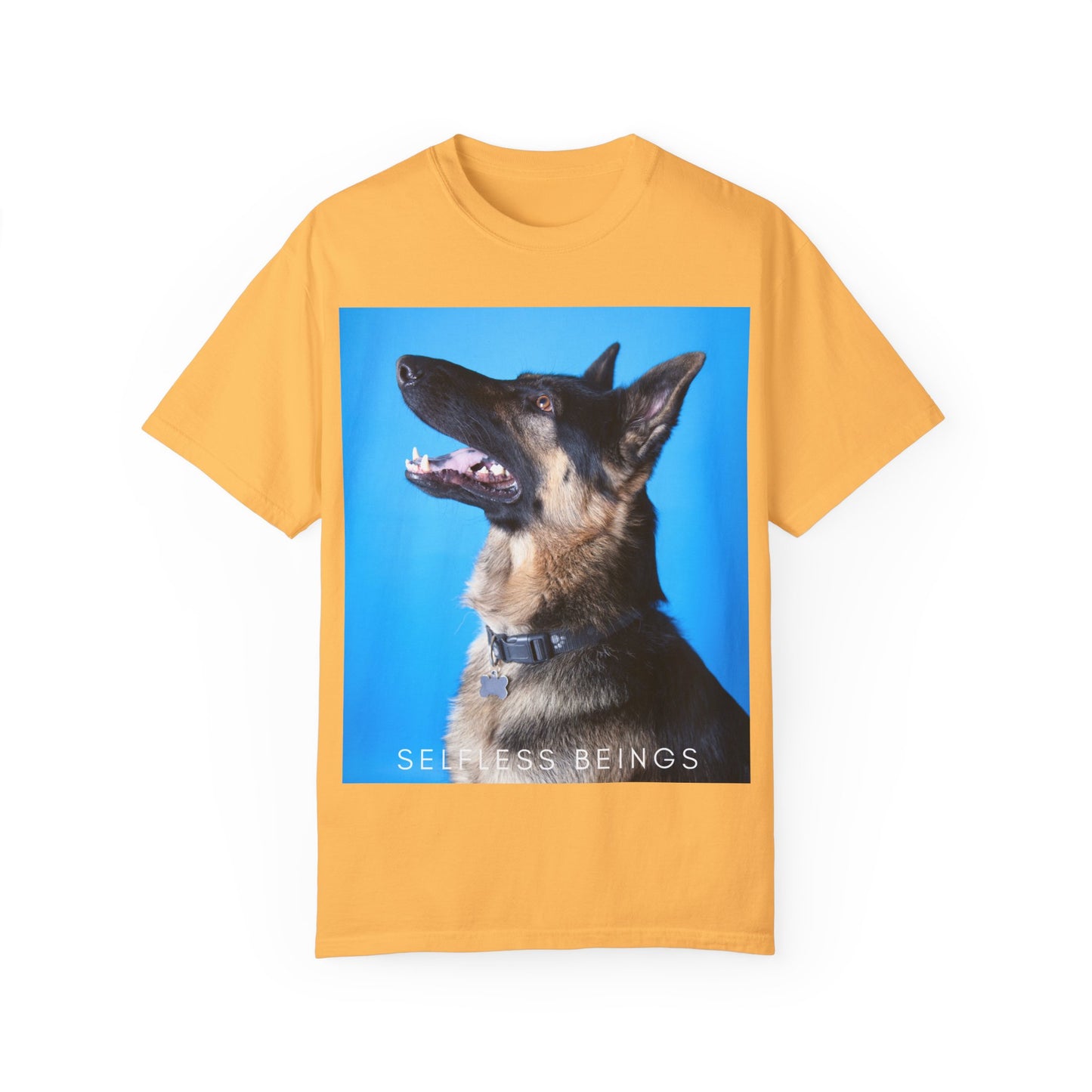 Unisex Dog Lover T-Shirt With Close Up Portrait of German Shepherd from Side Angle, Having Blue Background and Caption Selfless Beings