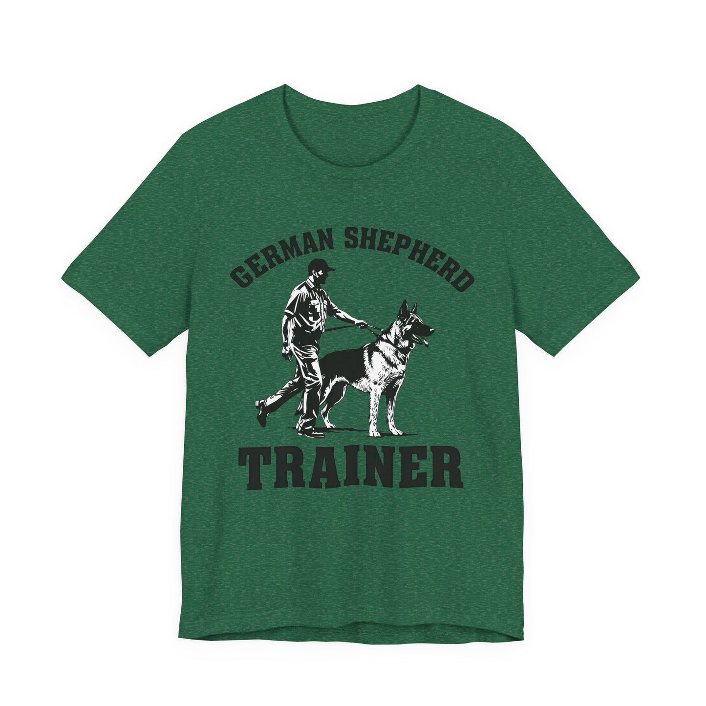 German Shepherd Trainer Tee - Black and White Design of Man Holding a German Shepherd