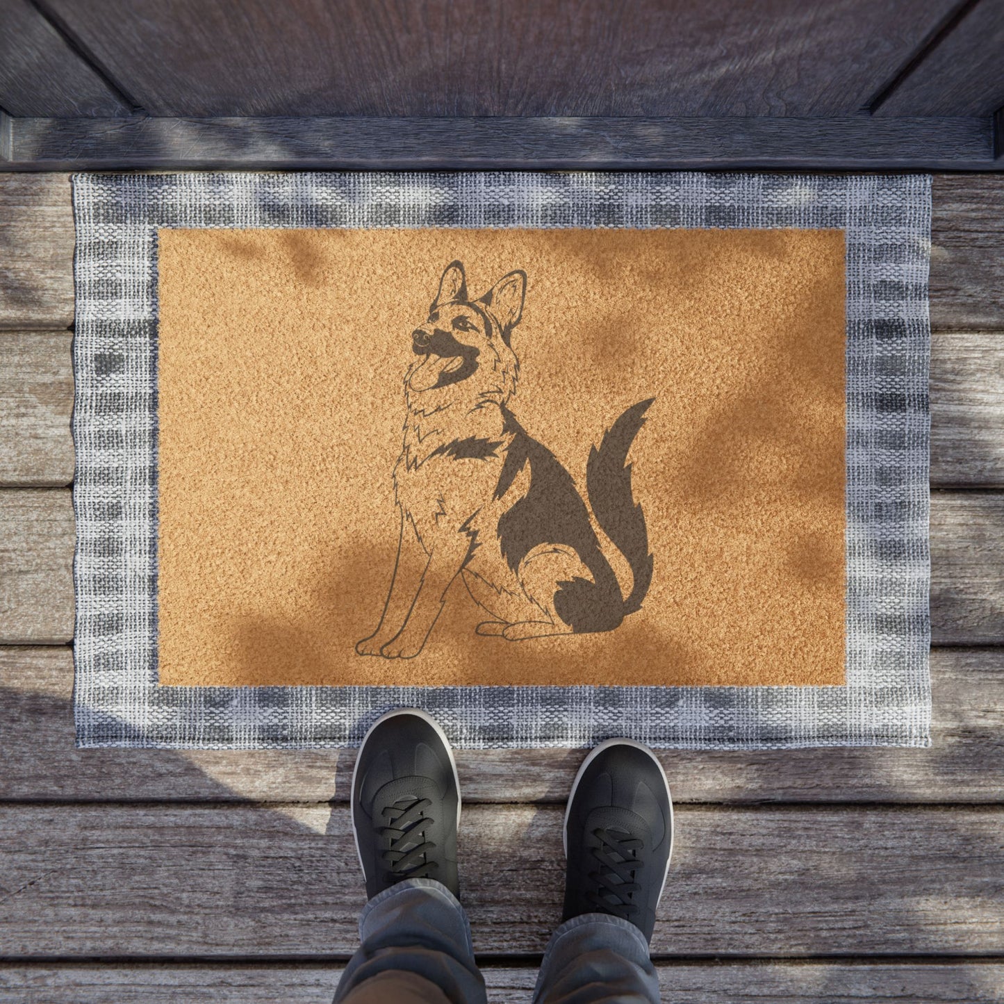Doormat Featuring a Graphic of Funny German Shepherd Sloppily Sitting Looking Upward