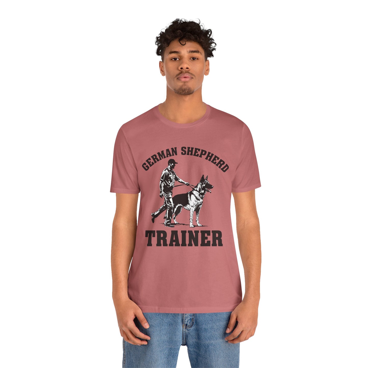 German Shepherd Trainer Tee - Black and White Design of Man Holding a German Shepherd