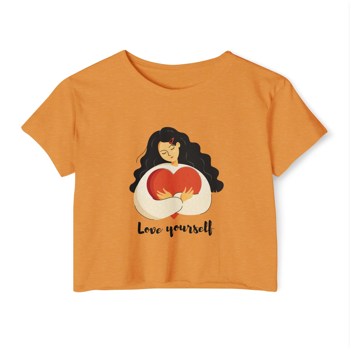 Love Yourself Festival Vibes Crop Top - Girl Holding a Big Heart, Summer Fashion, Boho Style, Women’s Casual Wear, Gift for Her