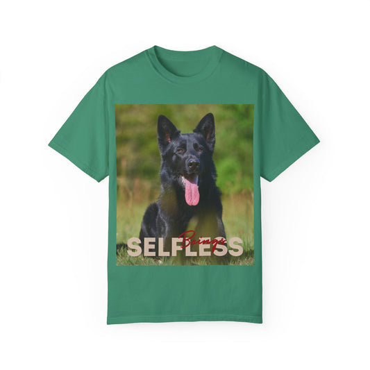 Unisex Dog Lover T-Shirt With Black German Shepherd Resting on the Grass Leaving Tongue Out and Caption Selfless Beings