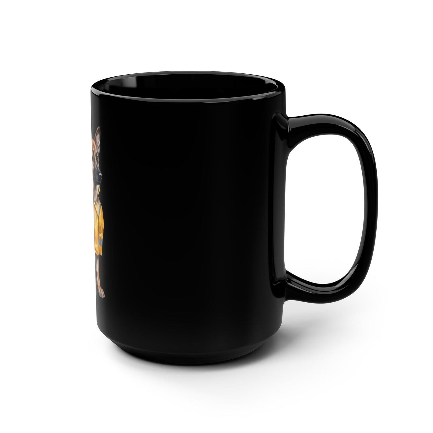 Black Coffee Mug 15oz With a Graphic of German Shepherd Wearing a Yellow Rain Coat
