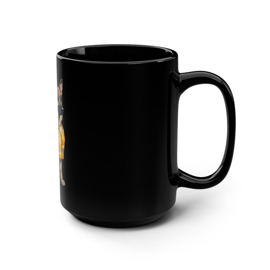 Black Coffee Mug 15oz With a Graphic of German Shepherd Wearing a Yellow Rain Coat