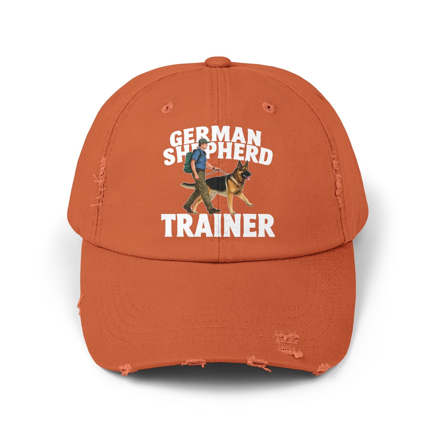 Unisex Distressed Cap Featuring a Trainer Leading German Shepherd, Dog Trainer Gift