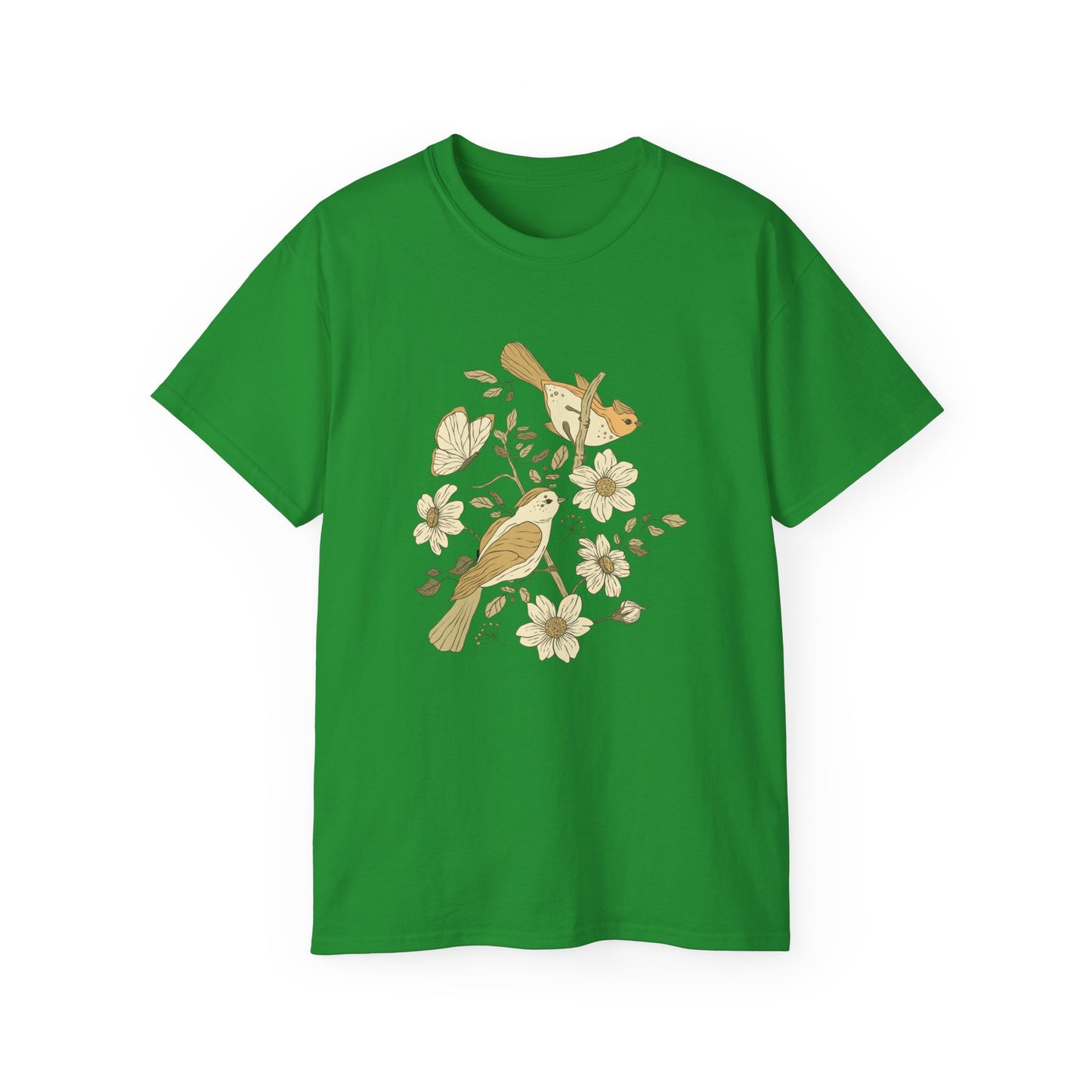 Nature-Inspired Unisex Tee, Floral Bird Print T-Shirt, Gift for Nature Lovers, Spring Fashion, Eco-Friendly Casual Wear