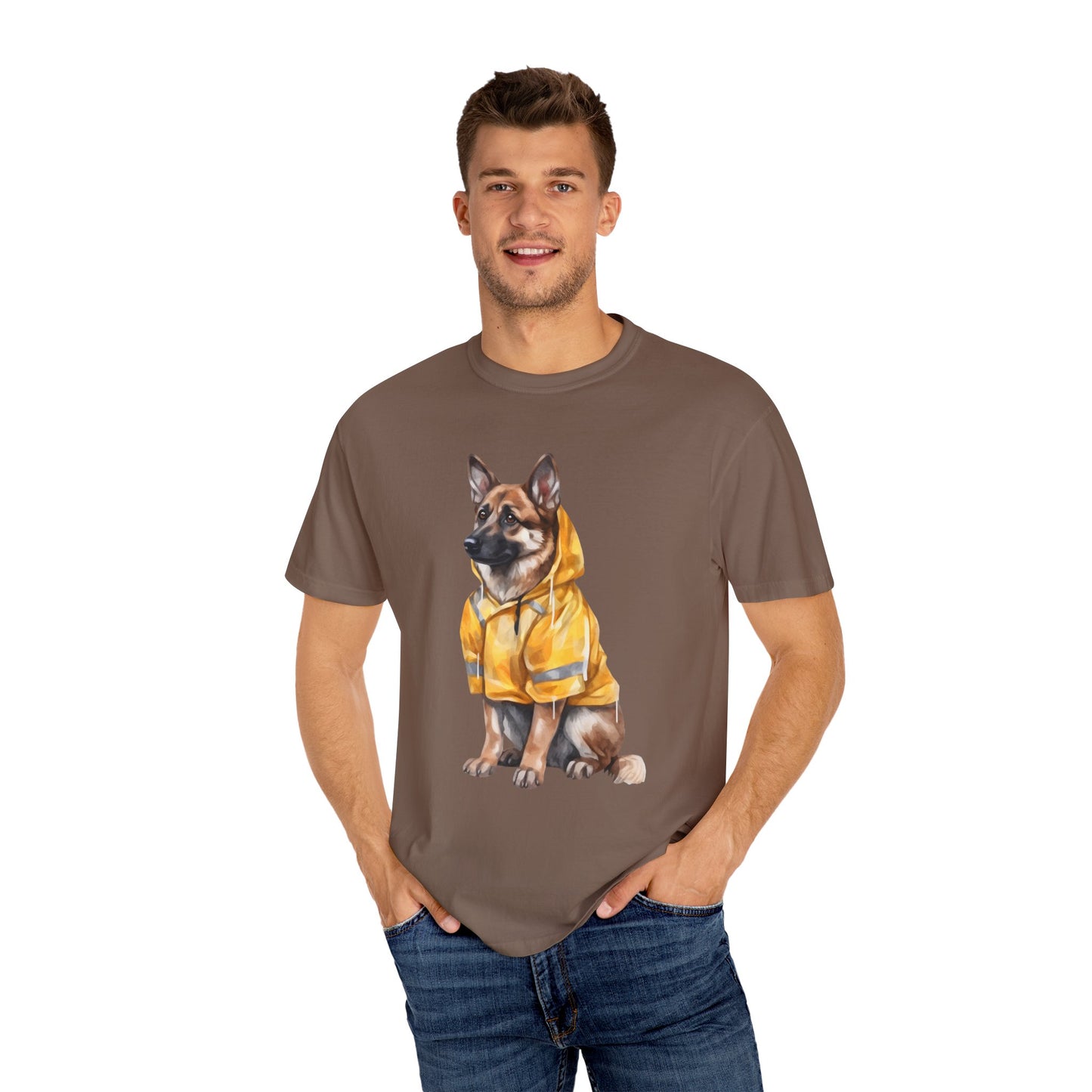 Unisex Dog Lover T-Shirt With a Graphic of German Shepherd Wearing a Yellow Rain Coat