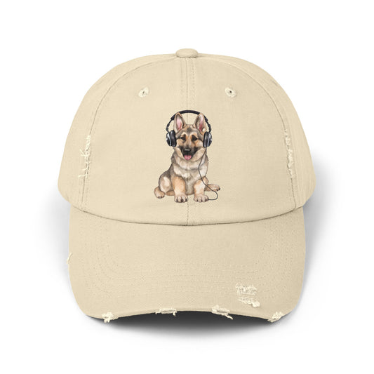 Distressed Dog Cap with German Shepherd Wearing Headphones | Pet Lover Gift | Adjustable Cap
