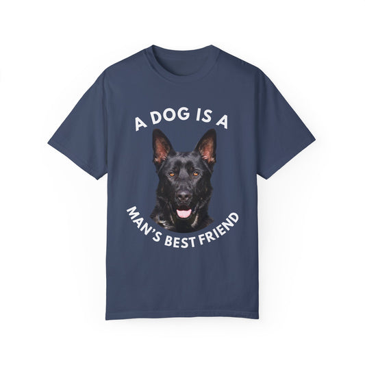 Unisex T-Shirt With Close Up Face of Giant German Shepherd and Quote A Dog Is A Man's Best Friend