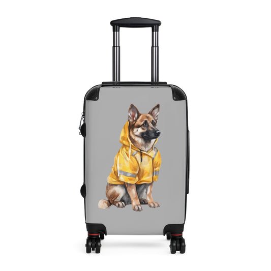 Dog Lovers Suitcase Featuring a German Shepherd Wearing a Yellow Rain Coat