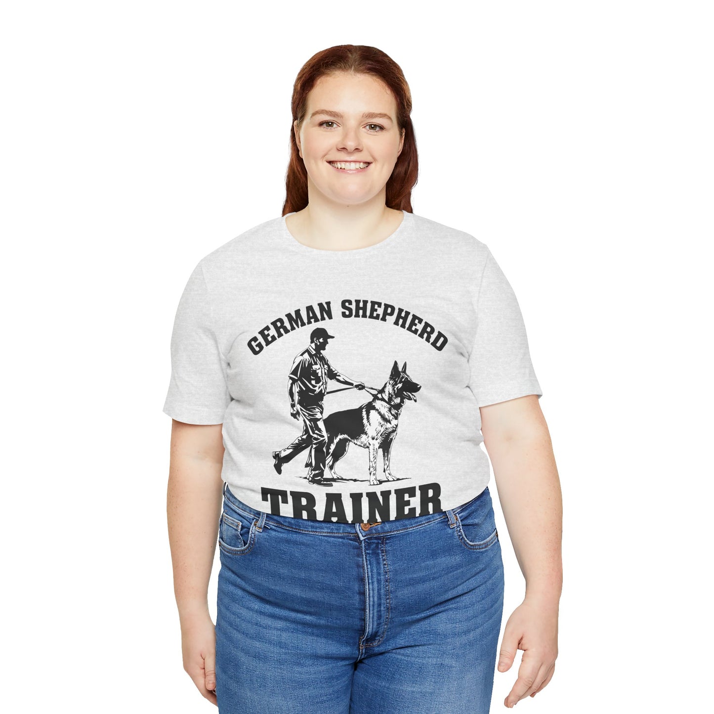German Shepherd Trainer Tee - Black and White Design of Man Holding a German Shepherd