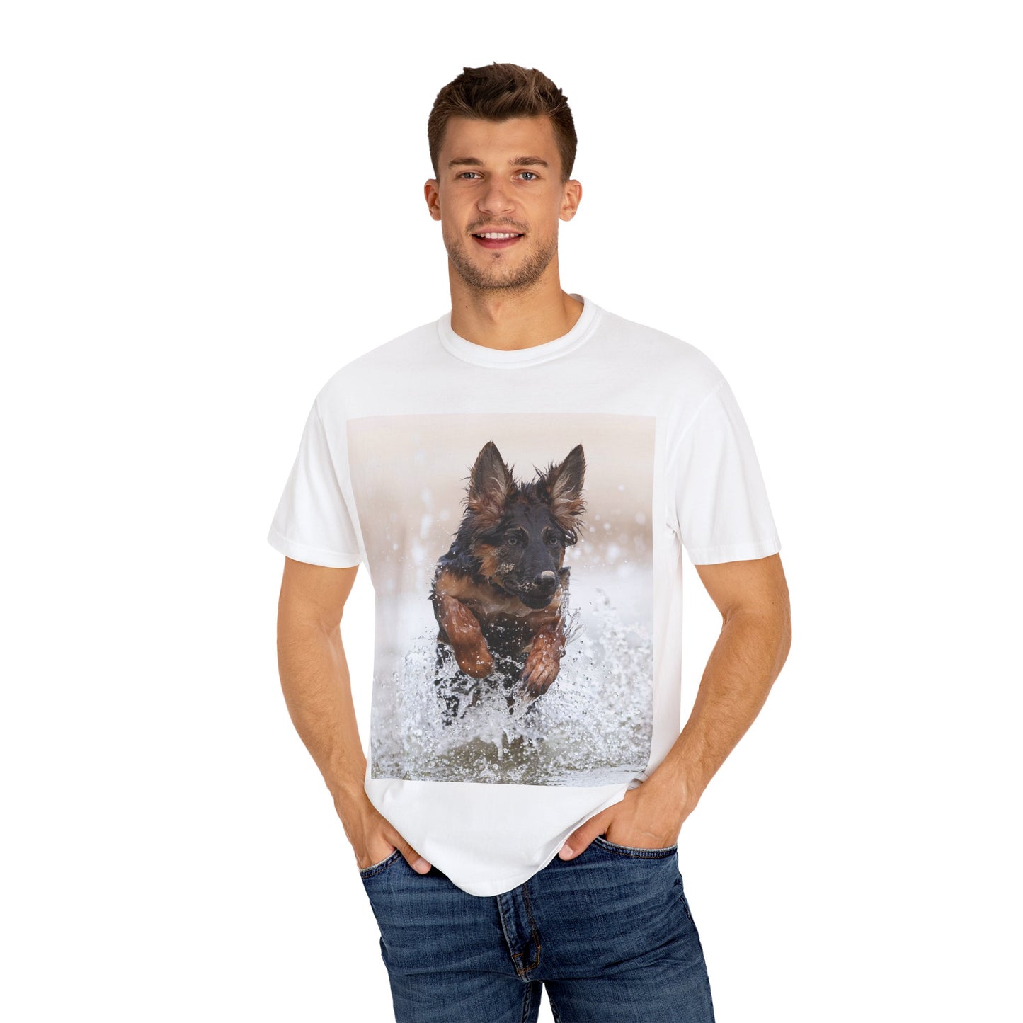 Unisex Dog Lover T-Shirt Featuring a German Shepherd Puppy Jumping In The Water