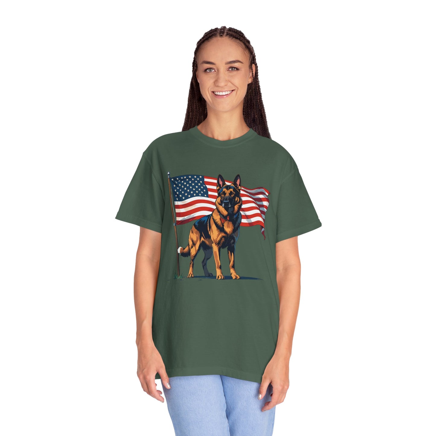Patriotic German Shepherd Dog T-Shirt, Unisex Garment-Dyed Tee, Dog Lover Gift, US Independence Day Apparel, Casual Wear for Pet Lovers