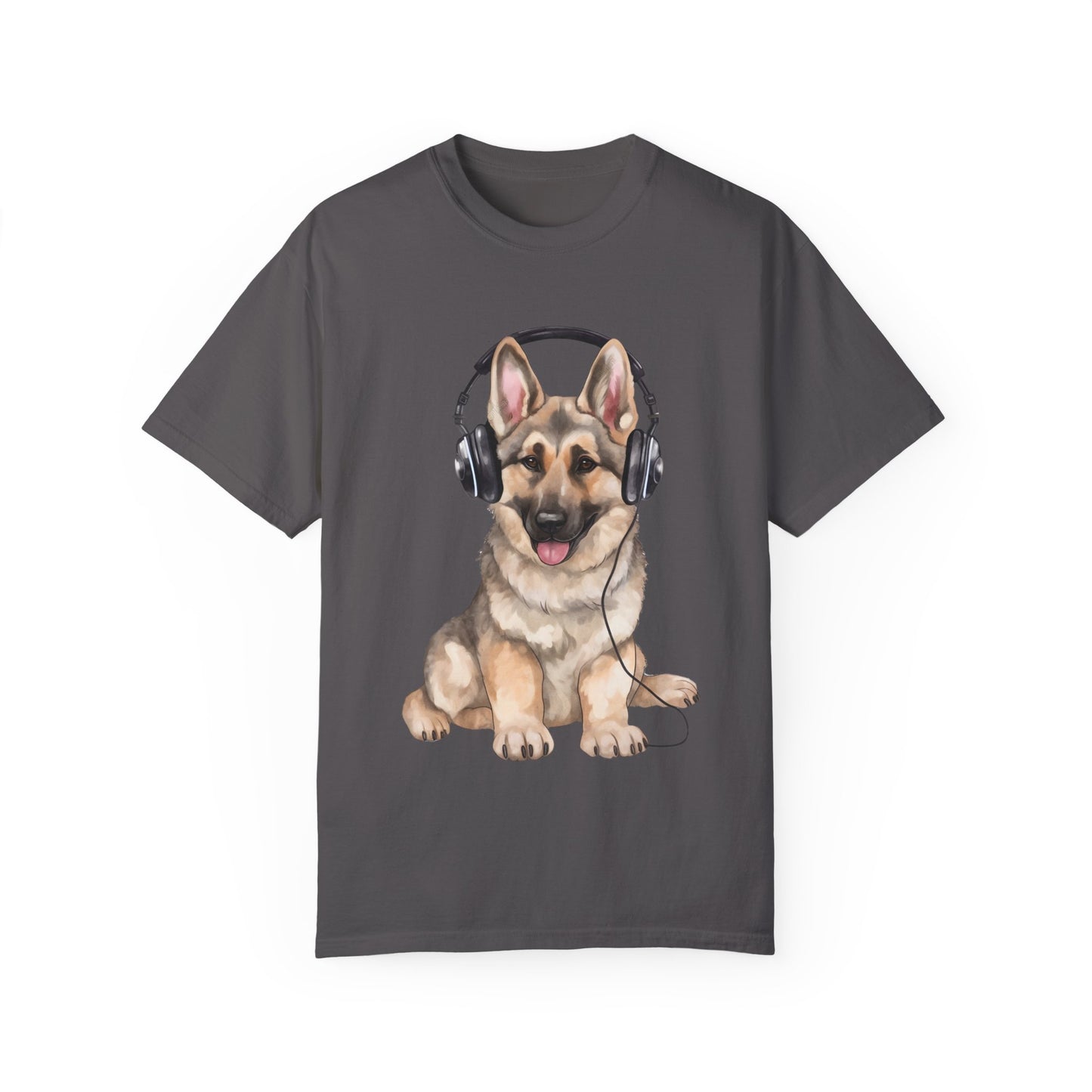 Unisex Dog Lover T-Shirt With a Graphic of German Shepherd  Wearing Headphones Enjoying Music