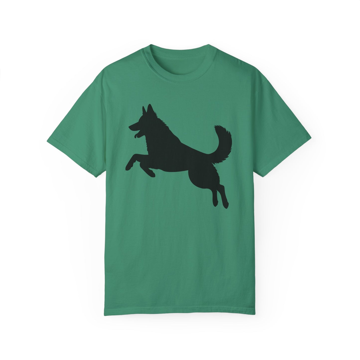 Unisex Dog Lover T-Shirt With a Graphic of Solid Black German Shepherd Jumping in the Air