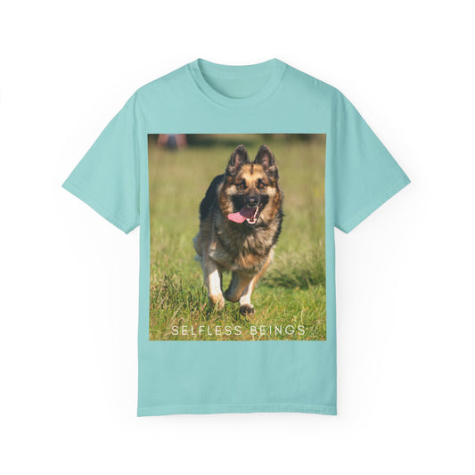 Unisex Dog Lover T-Shirt With Beautiful German Shepherd Running on the Field Leaving Tongue Out and Caption Selfless Beings