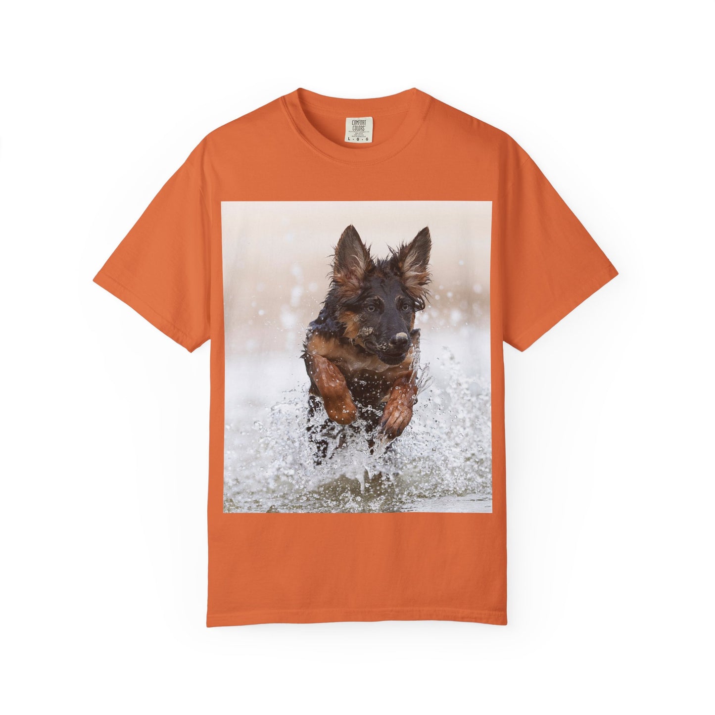 Unisex Dog Lover T-Shirt Featuring a German Shepherd Puppy Jumping In The Water