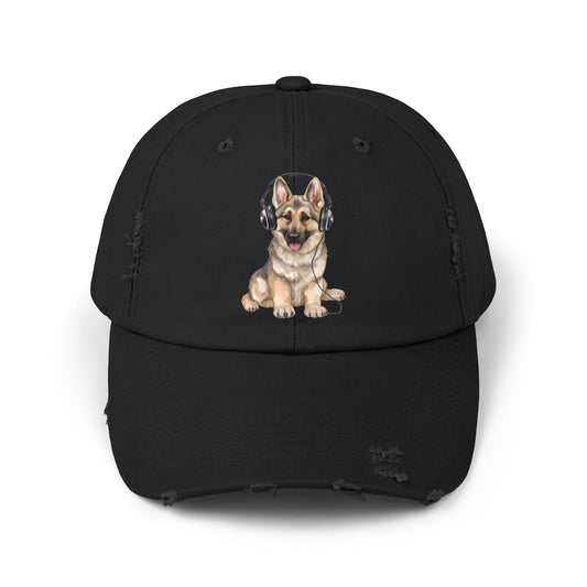 Distressed Dog Cap with German Shepherd Wearing Headphones | Pet Lover Gift | Adjustable Cap