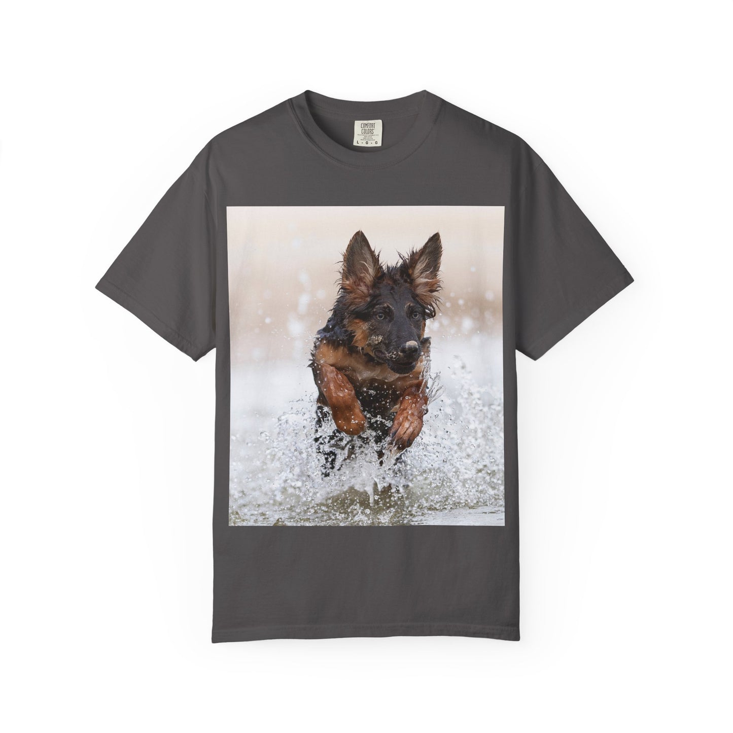 Unisex Dog Lover T-Shirt Featuring a German Shepherd Puppy Jumping In The Water