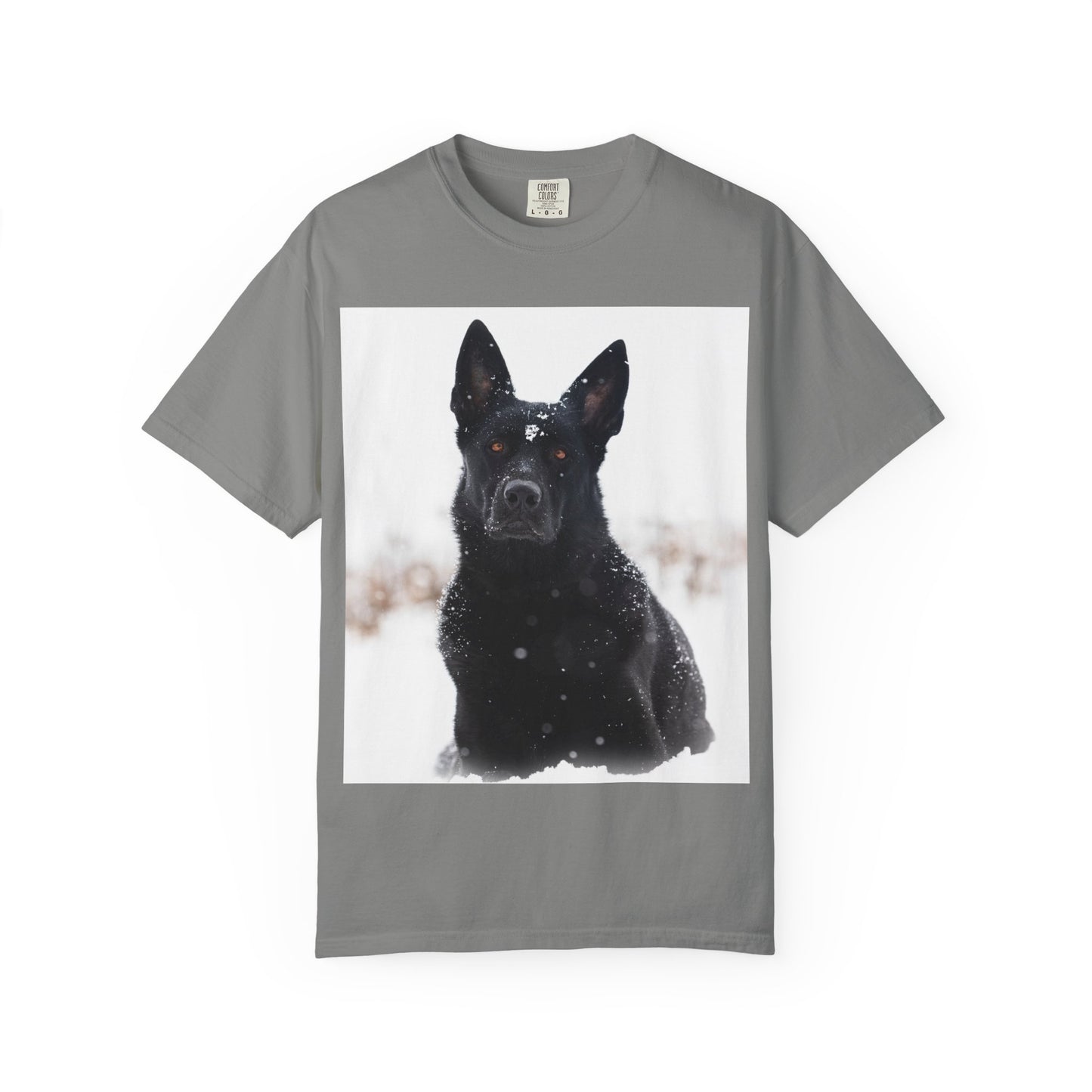 Unisex Dog Lover T-Shirt Featuring a Giant Black Working Line German Shepherd in the Snow