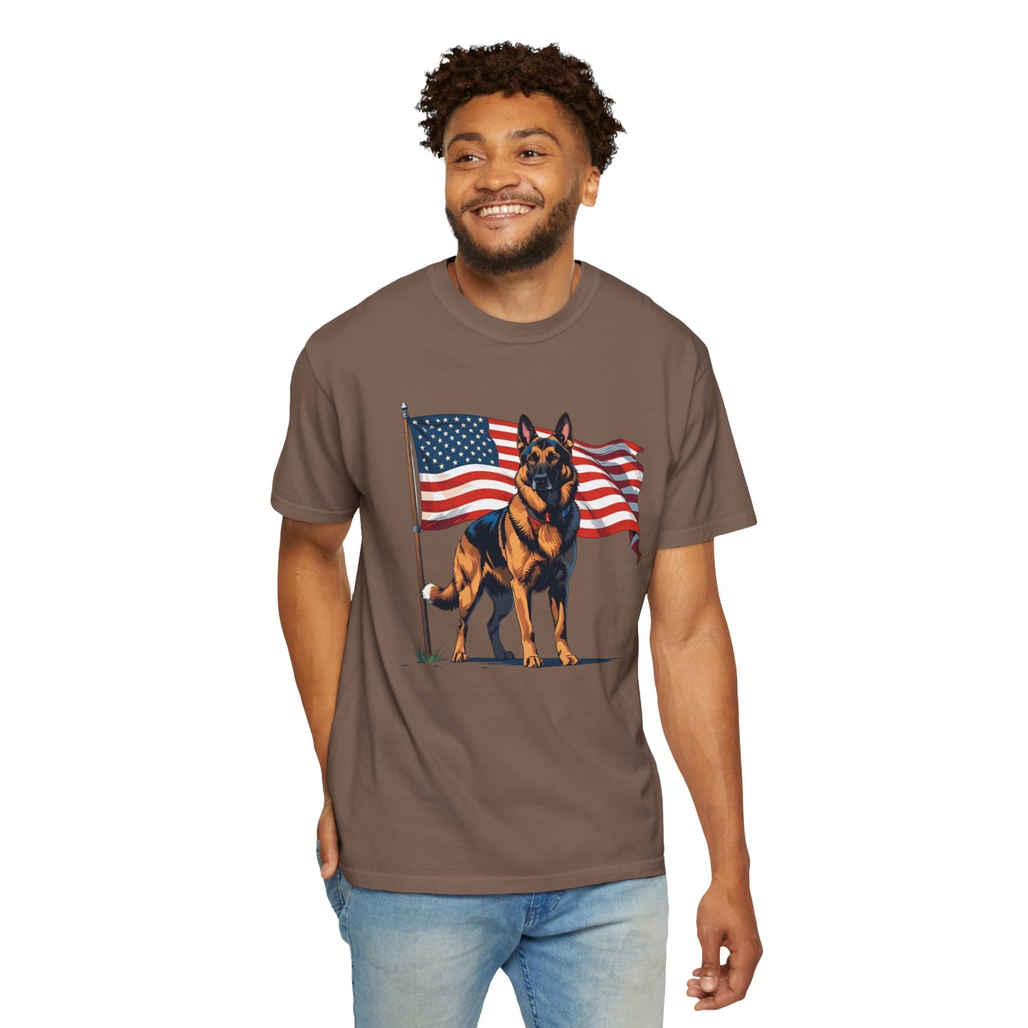 Patriotic German Shepherd Dog T-Shirt, Unisex Garment-Dyed Tee, Dog Lover Gift, US Independence Day Apparel, Casual Wear for Pet Lovers