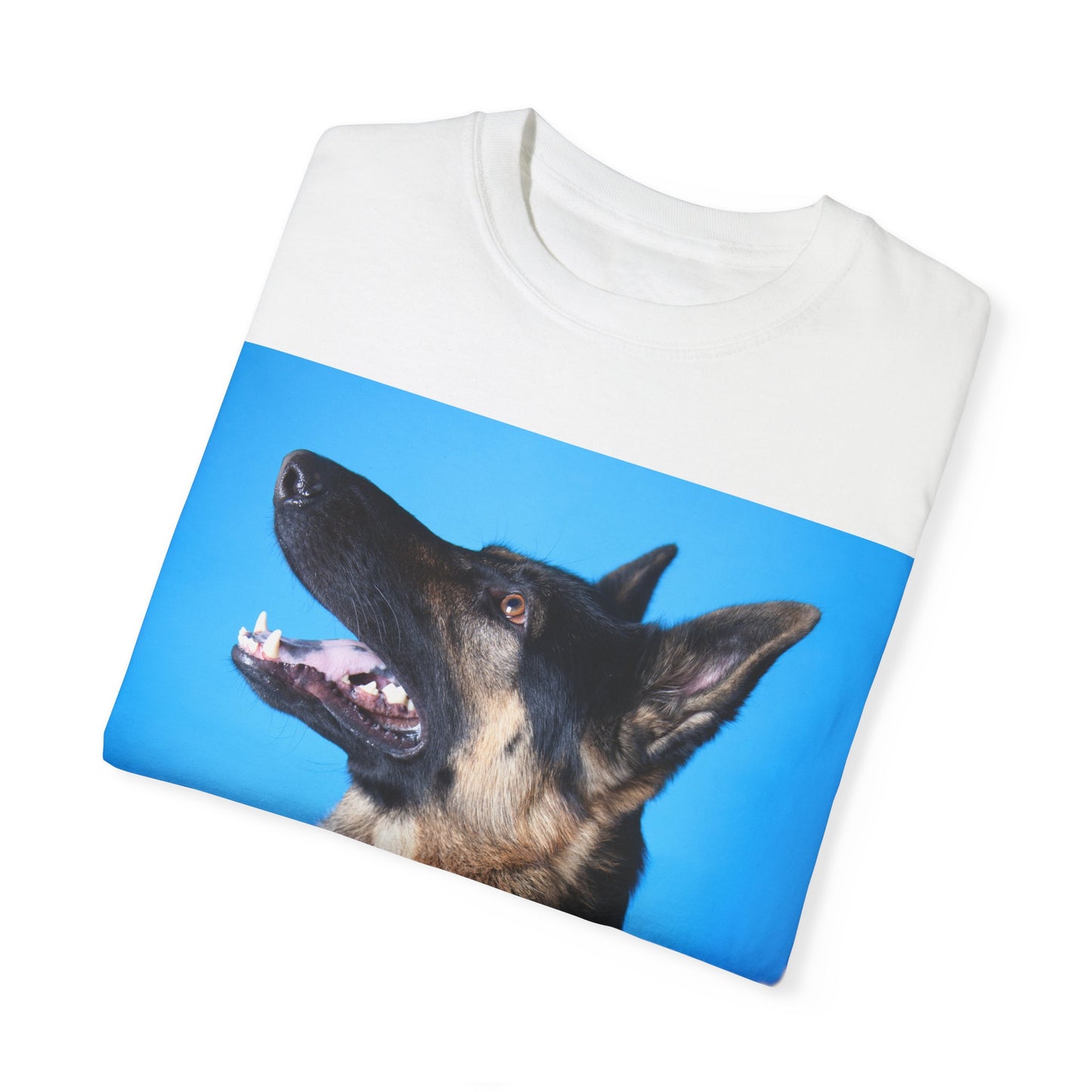 Unisex Dog Lover T-Shirt With Close Up Portrait of German Shepherd from Side Angle, Having Blue Background and Caption Selfless Beings