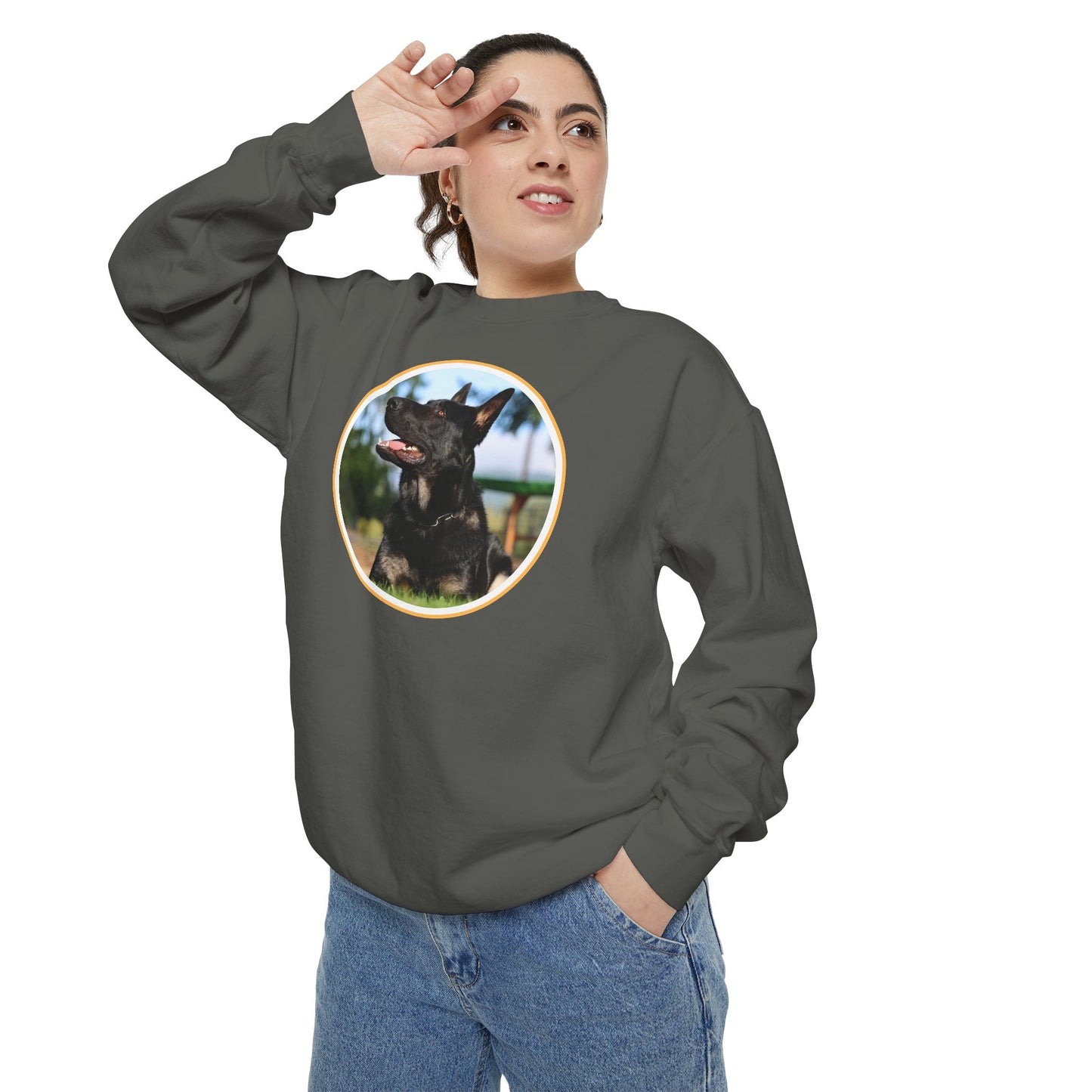 Unisex Dog Lover Sweatshirt With Close Up of Bicolor German Shepherd Inside Round Shape
